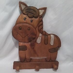 Vintage Wooden Horse Wall Hanging With 3 Pegs